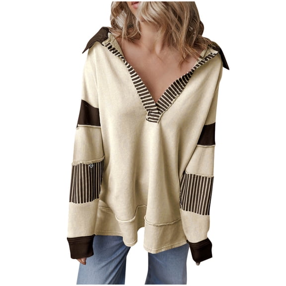 XFLWAM Womens V Neck Sweatshirts Collared Long Sleeve Striped Colorblock Pullover Tops Casual Loose Fit Tunic Shirts