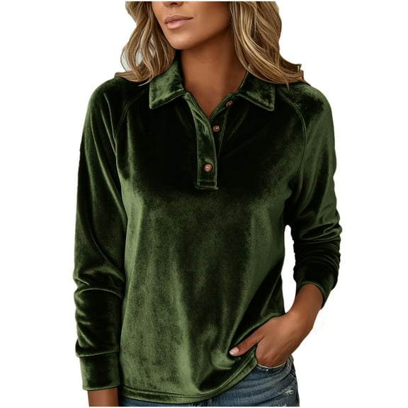 XFLWAM Womens Velvet Shirts Lapel Button Down Long Sleeve Pullover Tops Dressy Casual Loose Sweatshirts Blouses