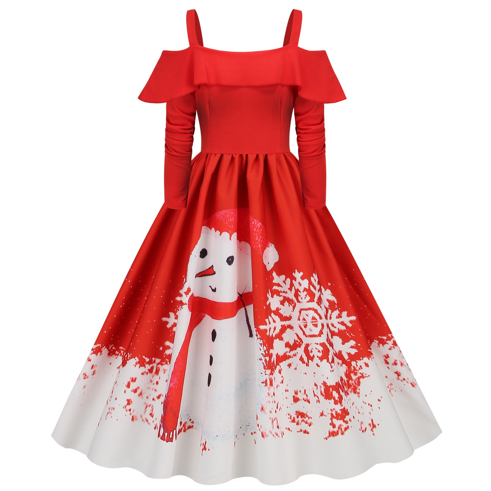 XFLWAM Womens Vintage Cocktail Dress Christmas Spaghetti Strap Off Shoulder Long Sleeve Swing