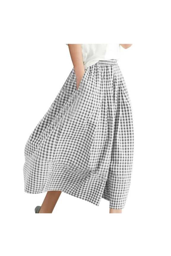 Womens Wide Leg Capri Pants Cotton Gingham Plaid Culottes Summer Elastic Waist Palazzo Trousers Bottoms with Pockets