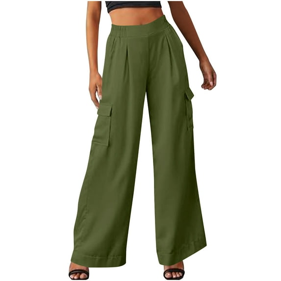 XFLWAM Womens Wide Leg Cargo Pants Elastic High Waist Stretch Suit Pants Baggy Casual Loose Fit Business Work Trousers with Pockets
