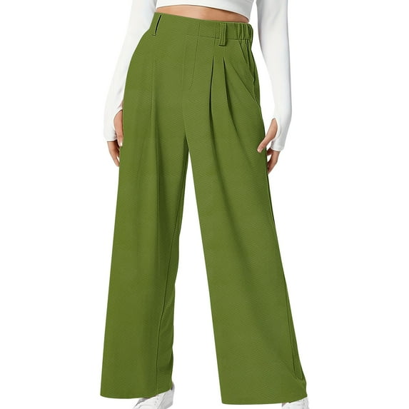 XFLWAM Womens Wide Leg Dress Pants Elastic High Waist Pleated Suit Pants Casual Loose Work Pants Business Office Slacks with Pocket Army Green S