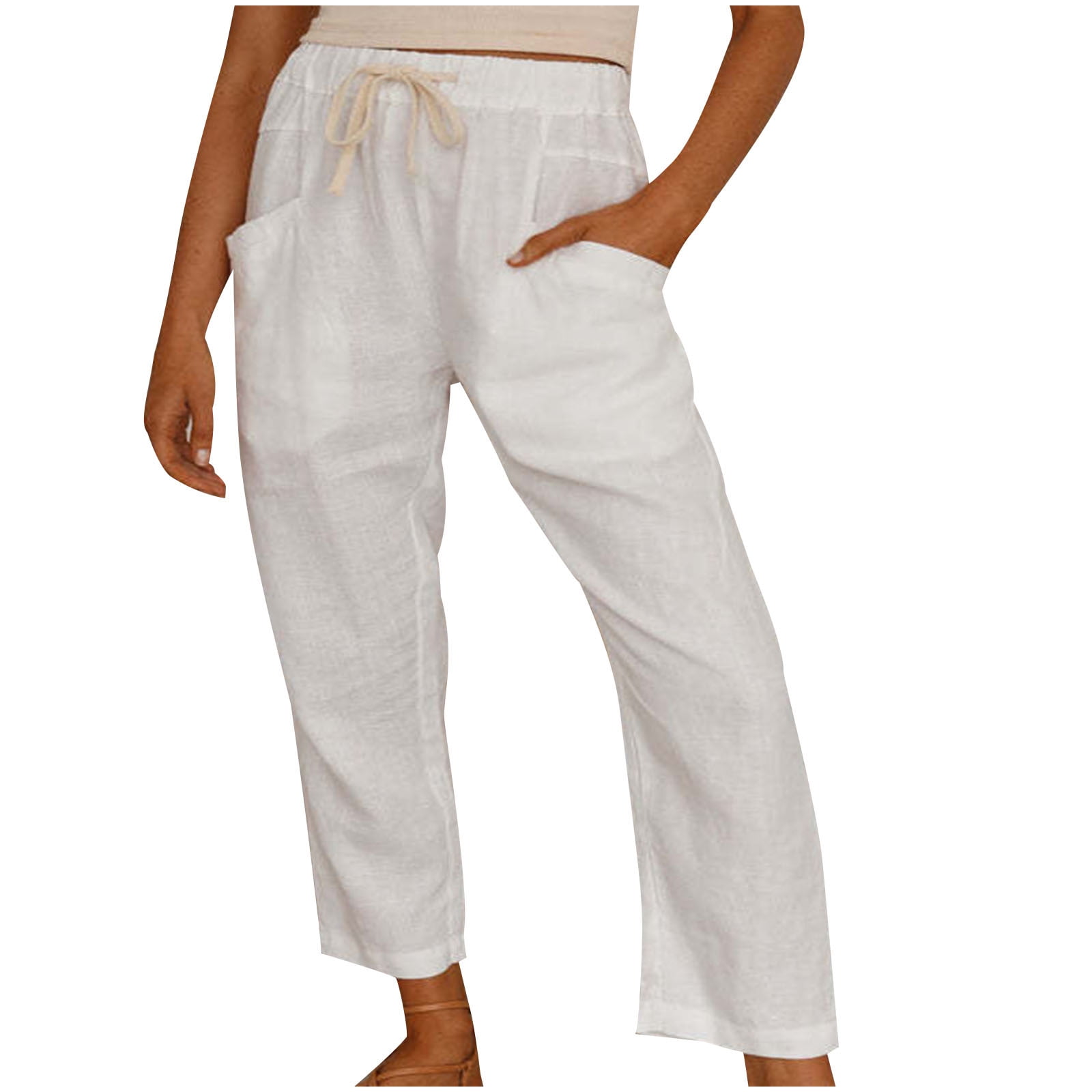 Ladies White Linen Wide Leg Pants With Drawstring For Summer Comfort And Breathability main image 1