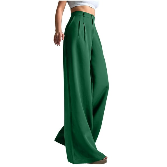 XFLWAM Womens Wide Leg Pants High Waist Straight Work Pants Office Business Casual Palazzo Trousers with Pockets Green L