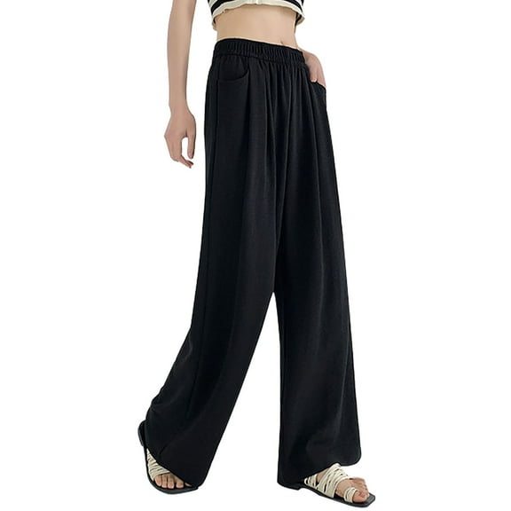XFLWAM Womens Wide Leg Pants High Waisted Casual Pleated Lounge Pants Beach Travel Vacation Outfits with Pockets Black M