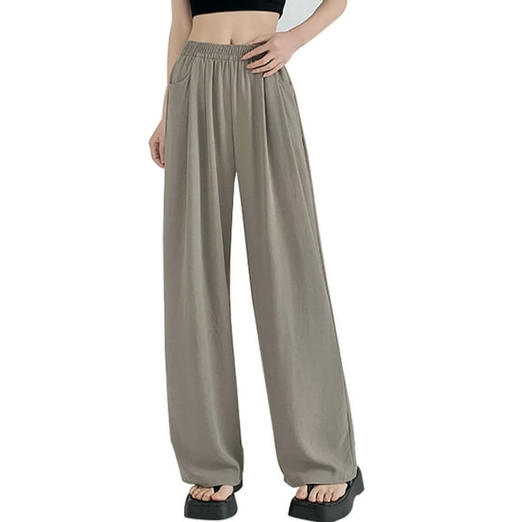 XFLWAM Womens Wide Leg Pants High Waisted Casual Pleated Lounge Pants Beach Travel Vacation Outfits with Pockets Khaki M