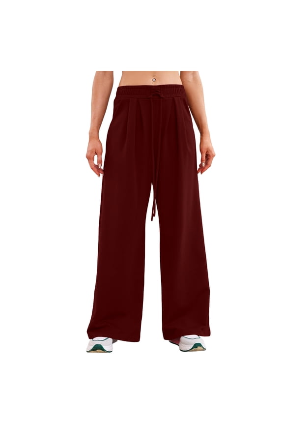 Womens Wide Leg Sweatpants Casual Drawstring High Waisted Palazzo Pants Soft Side Slit Travel Trousers with Pockets