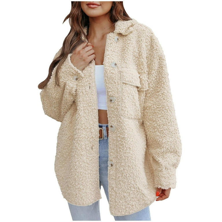XFLWAM Womens Winter Casual Sherpa Fleece Jacket Long Sleeve Button Solid  Warm Fuzzy Outwear Coat Pockets Beige L 