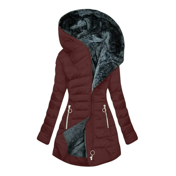 XFLWAM Womens Winter Coats Long Length Sherpa Fleece Lined Warm Heavy Jackets Thickened Windproof Outerwear with Hood Wine Red L