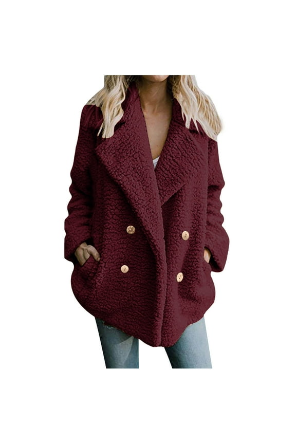 Womens Winter Fleece Teddy Bear Sherpa Jacket Lapel Button Down Coats with Pockets Outerwear