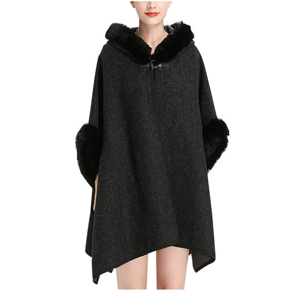 XFLWAM Womens Winter Warm Cape Faux Trim Layers Hooded Cardigan Cloak Poncho Batwing Sleeve Sweater Shawl Wrap Outwear Black