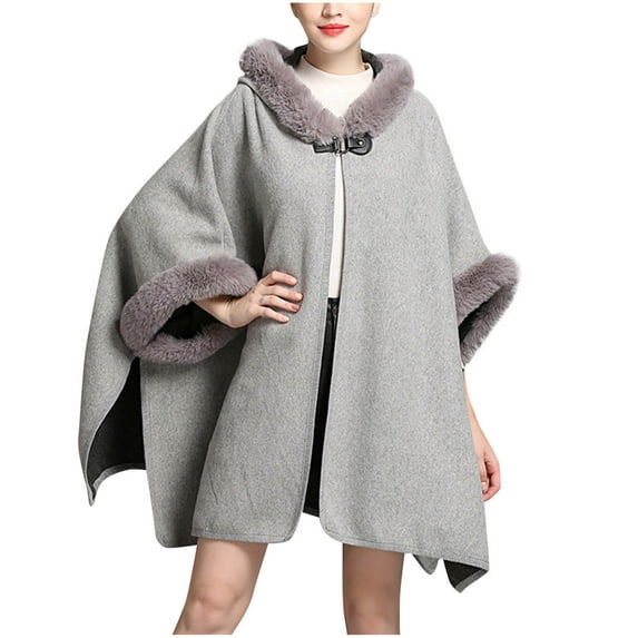 XFLWAM Womens Winter Warm Cape Faux Trim Layers Hooded Cardigan Cloak Poncho Batwing Sleeve Sweater Shawl Wrap Outwear Gray