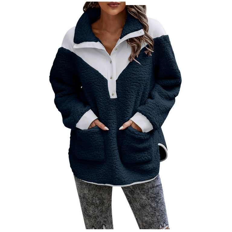 XFLWAM Womens Winter Warm Fuzzy Fleece Loose Pullover Sweatshirts with  Pockets Navy Blue XL 