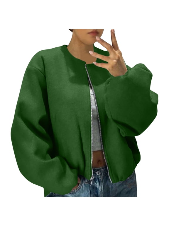 Womens Wool Blend Bomber Jackets Fall Winter Cropped Zip Up Coat Hoodless Outwear with Pockets