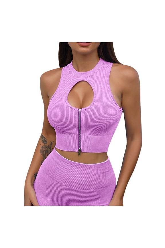 Womens Workout Seamless Ribbed Hollow Out Yoga Sports Bra Keyhole Zip Crop Top Bra Gym Clothes Pink L