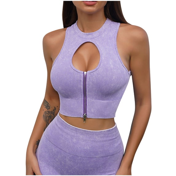 XFLWAM Womens Workout Seamless Ribbed Hollow Out Yoga Sports Bra Keyhole Zip Crop Top Bra Gym Clothes Purple M