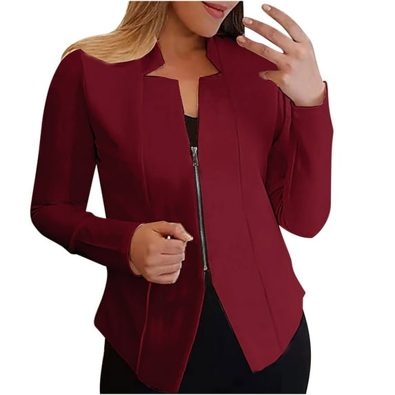 XFLWAM Womens Zip up Open Front Blazers Casual Long Sleeve Mock Neck Blazer Jackets Solid Color Work Suit Coat Wine L