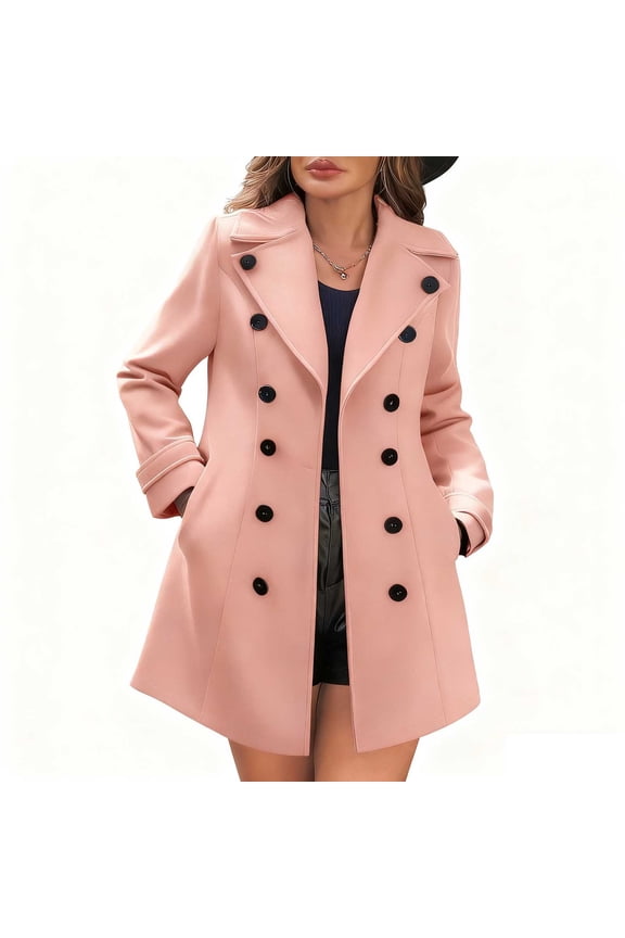 Wool Blend Trench Coats for Women Fall Winter Notched Lapel Double Breasted Peacoat Trendy Work Office Jackets with Pockets Pink L