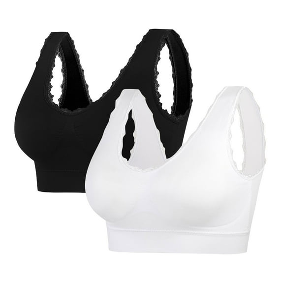 XFLWAM Workout Bras for Women Seamless Stretchy Sport Yoga Lace Trim Padded Bralette No Underwire Soft Plus Size Full Coverage Bras Underwear 2 Pack