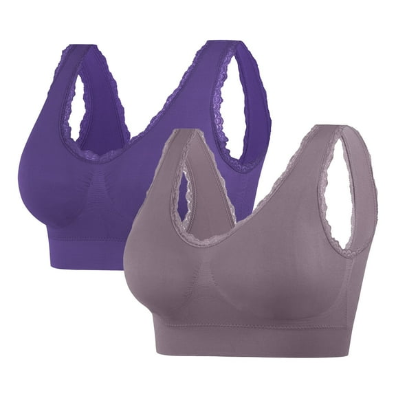 XFLWAM Workout Bras for Women Seamless Stretchy Sport Yoga Lace Trim Padded Bralette No Underwire Soft Plus Size Full Coverage Bras Underwear 2 Pack