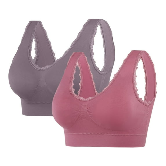 XFLWAM Workout Bras for Women Seamless Stretchy Sport Yoga Lace Trim Padded Bralette No Underwire Soft Plus Size Full Coverage Bras Underwear 2 Pack