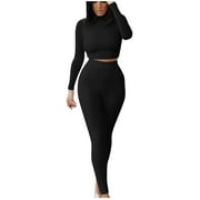 XFLWAM Workout Sets 2 Piece Outfits for Women Crewneck Long Sleeve Ribbed Crop Top High Waist Yoga Leggings Lounge Wear Tracksuit Black L