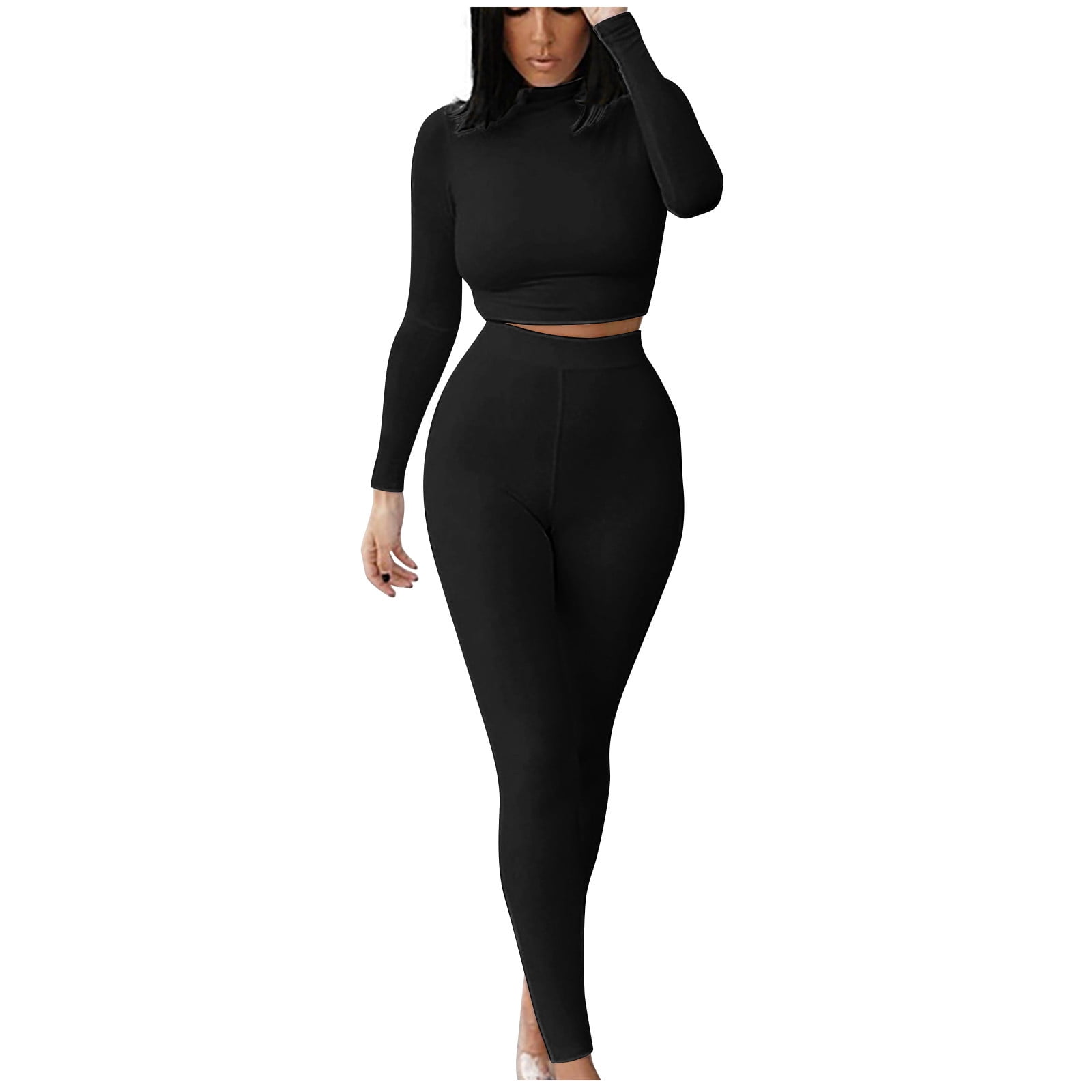 XFLWAM Workout Sets 2 Piece Outfits for Women Crewneck Long Sleeve