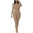 thumbnail image 1 of XFLWAM Workout Sets 2 Piece Outfits for Women Crewneck Long Sleeve Ribbed Crop Top High Waist Yoga Leggings Lounge Wear Tracksuit Khaki M, 1 of 6