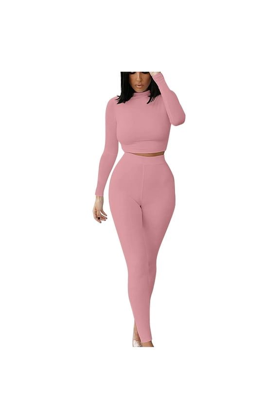 Workout Sets 2 Piece Outfits for Women Crewneck Long Sleeve Ribbed Crop Top High Waist Yoga Leggings Lounge Wear Tracksuit Pink S