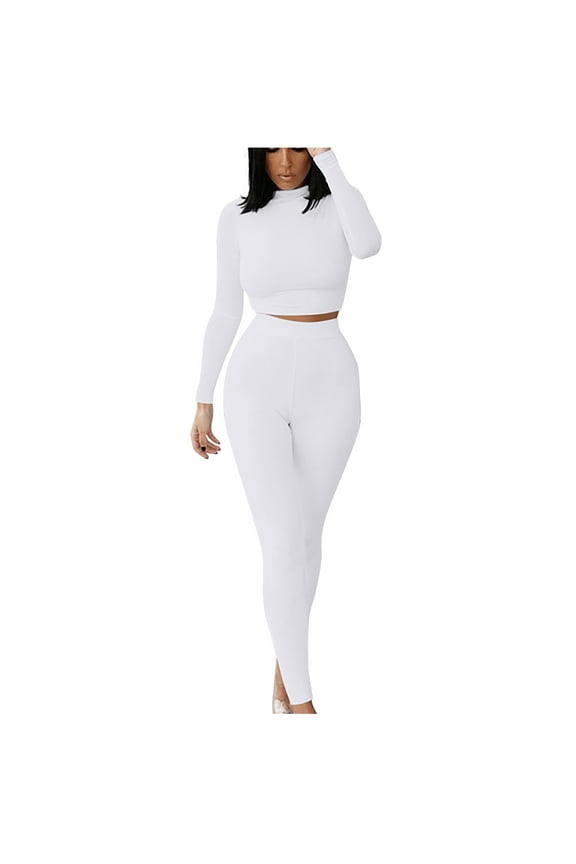 Workout Sets 2 Piece Outfits for Women Crewneck Long Sleeve Ribbed Crop Top High Waist Yoga Leggings Lounge Wear Tracksuit White XL