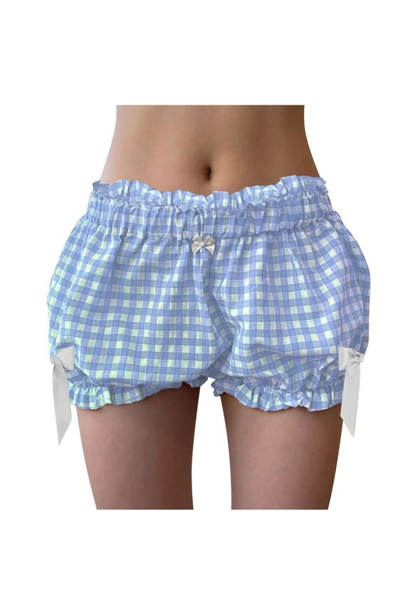 Y2K Bloomer Shorts for Womens Bow Tie Ruffle Plaid Pants Shorts Frilly Trim Gingham Pj Micro Shorts Low Waist Sleep Pajama Bottoms