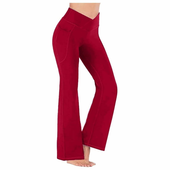 XFLWAM Yoga Pants for Women Casual V Crossover High Waist Butt Lifting Pants Wide Leg Flare Bootcut Leggings with Pockets Red XL