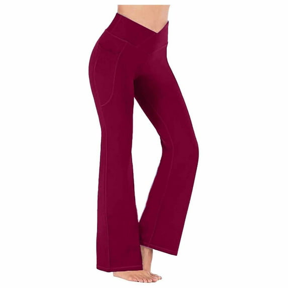 XFLWAM Yoga Pants for Women Casual V Crossover High Waist Butt Lifting Pants Wide Leg Flare Bootcut Leggings with Pockets Wine Red S