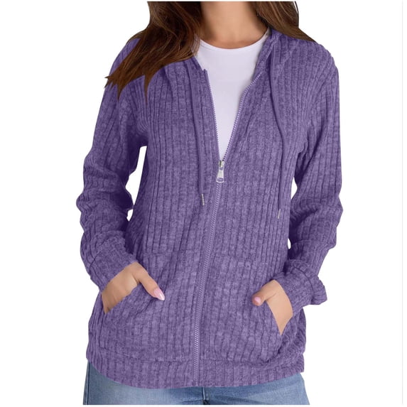 XFLWAM Zip Up Hoodie Women Long Sleeve Drawstring Ribbed Sweatshirt Fall Casual Lightweight Jackets Workout Clothes Purple XL