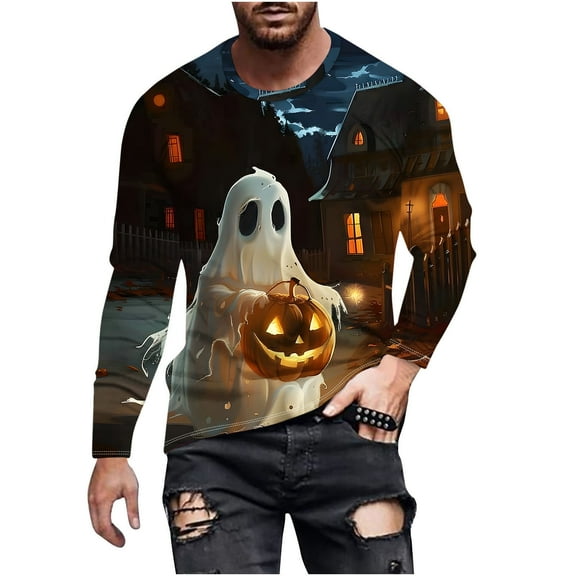 XFYSSS Casual Fashion Halloween Men's Printed Long Sleeved Top Long Sleeve Round-Neck Blouses & Shirts Men Polyester Top