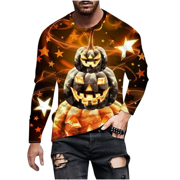 XFYSSS Casual Fashion Halloween Men's Printed Long Sleeved Top Long Sleeve Round-Neck Blouses & Shirts Men Polyester Top