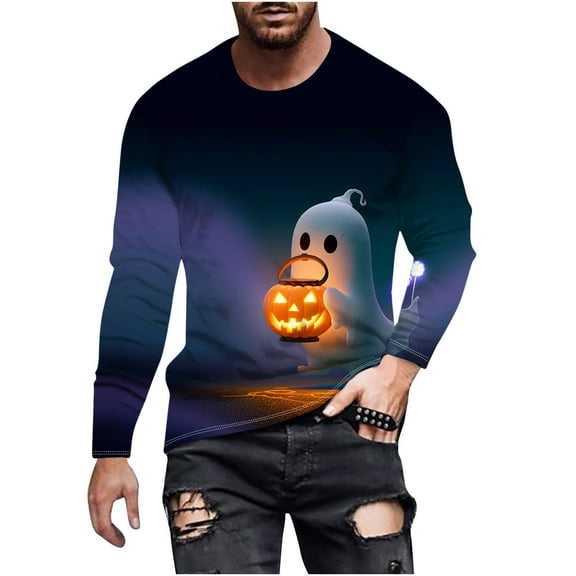 XFYSSS Casual Fashion Halloween Men's Printed Long Sleeved Top Long Sleeve Round-Neck Blouses & Shirts Men Polyester Top