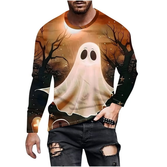 XFYSSS Casual Fashion Halloween Men's Printed Long Sleeved Top Long Sleeve Round-Neck Blouses & Shirts Men Polyester Top