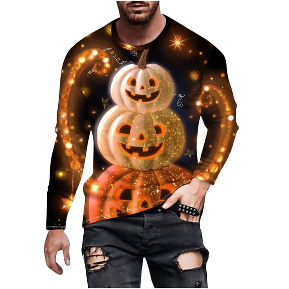 XFYSSS Casual Fashion Halloween Men's Printed Long Sleeved Top Long Sleeve Round-Neck Blouses & Shirts Men Polyester Top