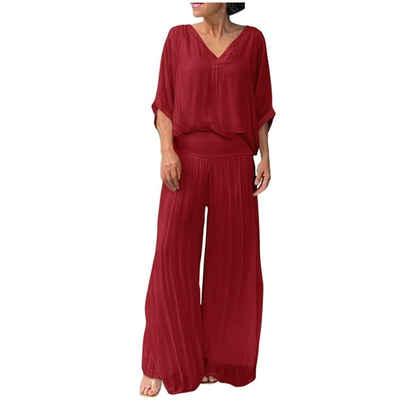 XFYSSS Casual Fashion Women's V-Neck Solid Color Half Sleeved Top And High Waist Wide Legs Slit Loose Pants Set Women Polyester Blouses Pants Sets