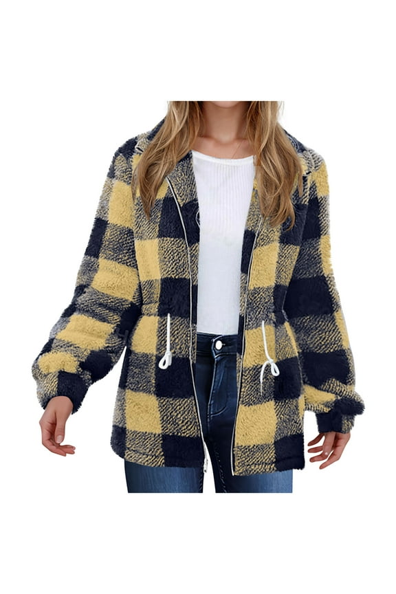 Casual Fashion Womens Winter Double-sided Plush Fleece Plaid Long Sleeved Zipper Coat Jacket Cardigan Overcoat Long Sleeve Hoodless Casual Outwear & Jackets