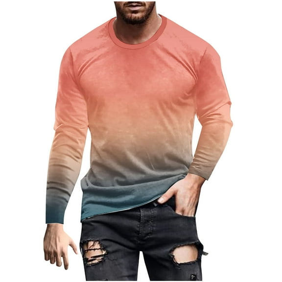XFYSSS Casual Fasion Men's Gradient Element 3D Printed Long Sleeved Round Neck Pullover T-Shirt Top Long Sleeve Round-Neck Blouses & Shirts