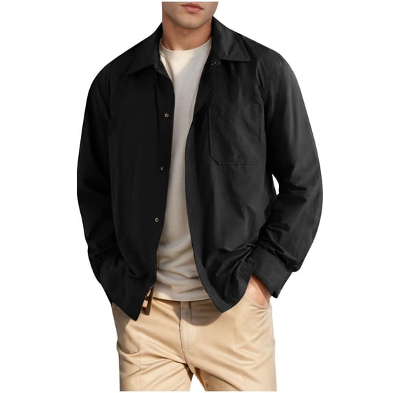 XFYSSS Casual Fasion Men's Solid Color Pocket Concealed Button Turndown Collar Jacket Long Sleeved Hoodless Casual Outwear & Jackets