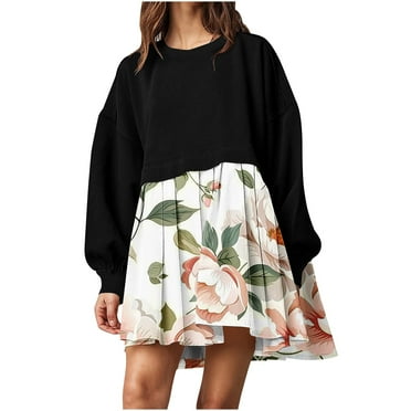 XFYSSS Casual Ladies' Fashionable Printed Round Neck Off Shoulder Long Sleeved Dress Long Sleeve Round-Neck Mid-Calf Dress