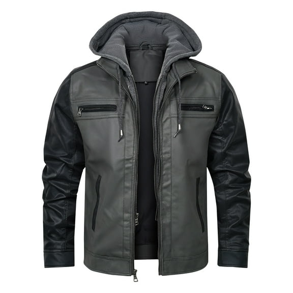 XFYSSS Casual Men's Solid Color Zipper Pocket Leather Jacket Fashionable Leather Long Sleeve Hooded Faux Leather Outwear & Jackets