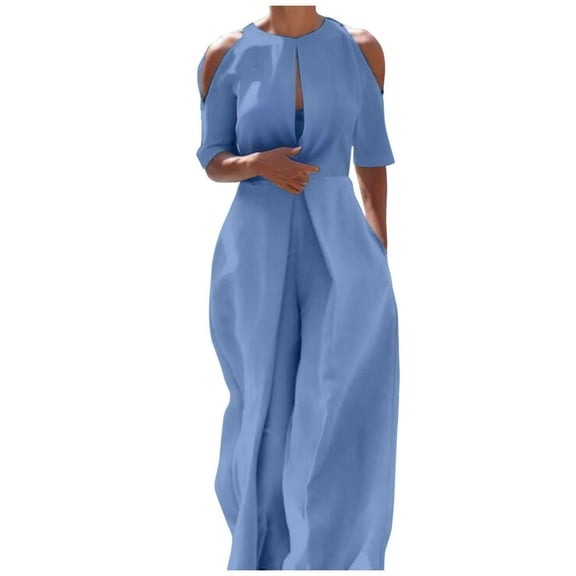 XFYSSS Casual Women Strapless Solid Color Pocket Short Sleeve Straight Loose Pants Jumpsuit Women Polyester Jumpsuits