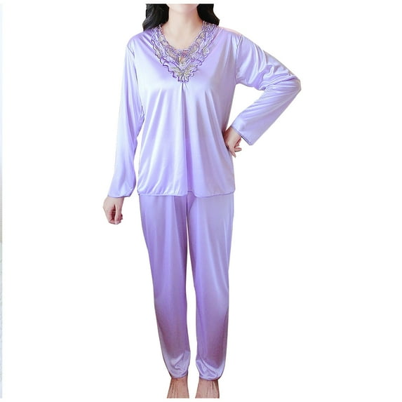 XFYSSS Casual Women's Plus Size Thin Solid Color Long Sleeved Simulation Silk V-Neck Silk Set Home Clothes Two-Piece Set Pajamas Set M-4XL