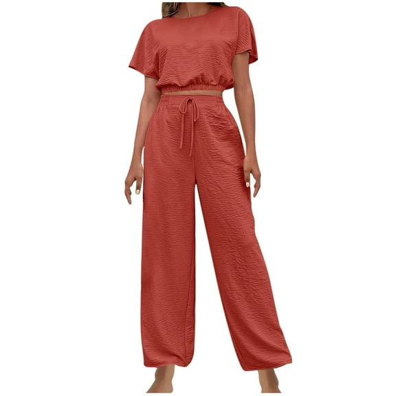 XFYSSS Casual Women's Summer Solid Color Drawstring Short Sleeved Round Neck Top With Pants Set Short Sleeve Round-Neck Blouses & Shirts Sets