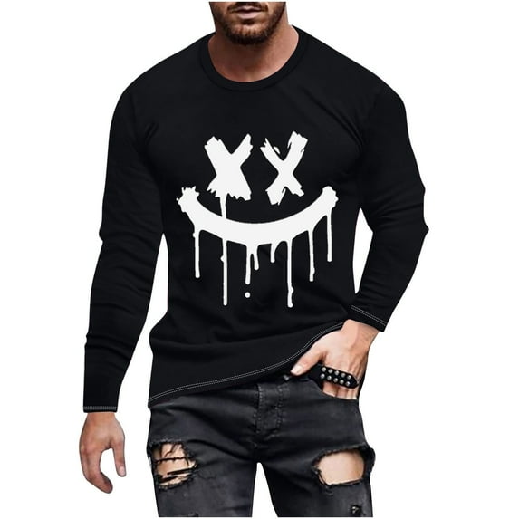 XFYSSS Fashion Casual Men's Printed Top Long Sleeved Round Neck And Smiling Face Printed Top Long Sleeve Round-Neck Blouses & Shirts