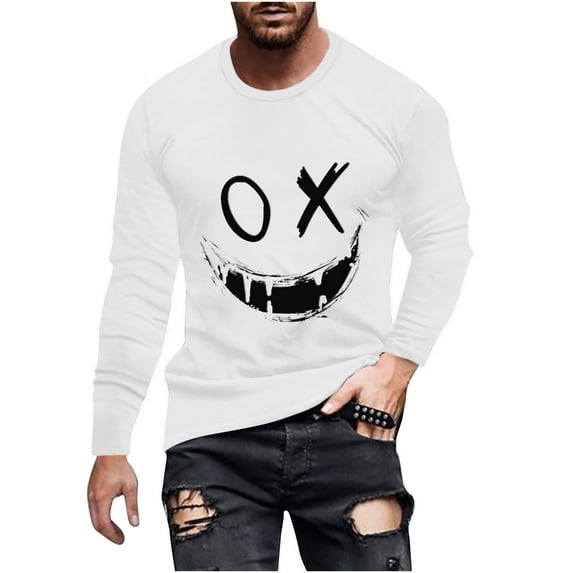 XFYSSS Fashion Casual Men's Printed Top Long Sleeved Round Neck And Smiling Face Printed Top Long Sleeve Round-Neck Blouses & Shirts
